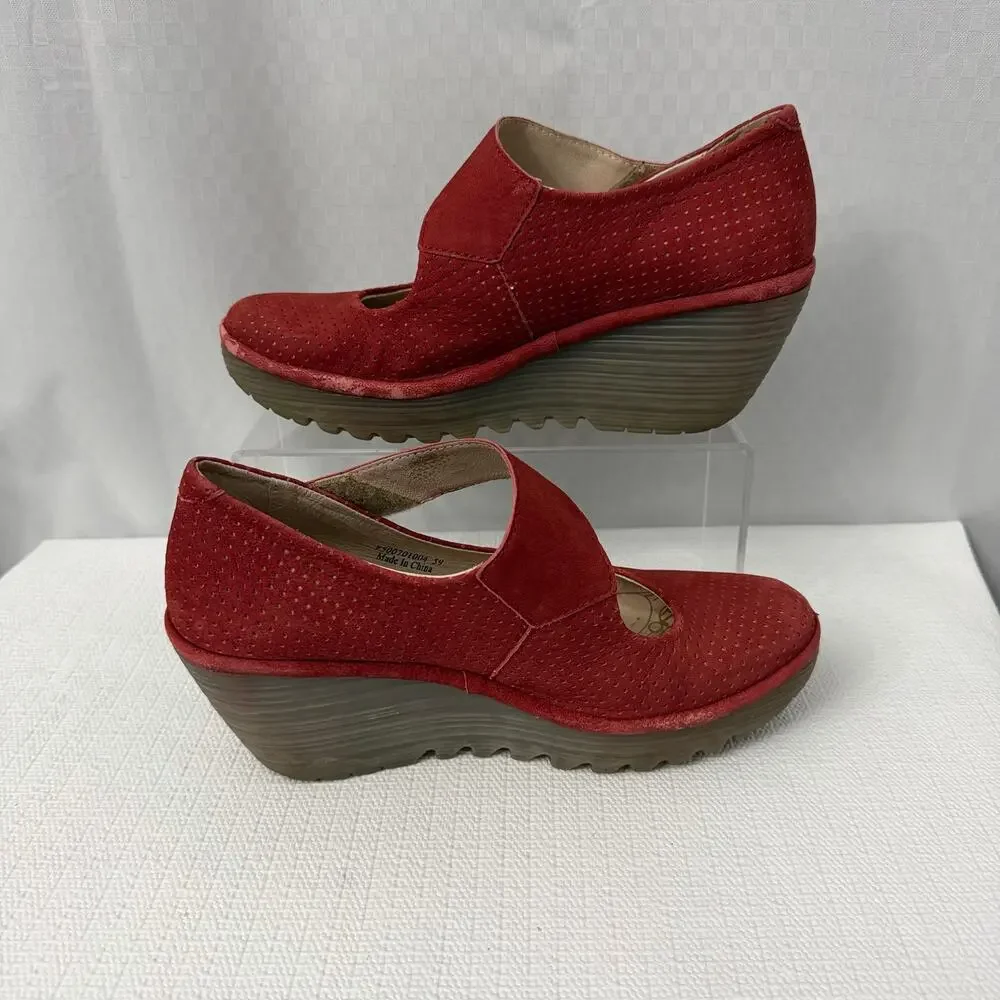 Fly London Yasi Wedge Pump Women’s Size 8 Lipstick Red Leather Shoes